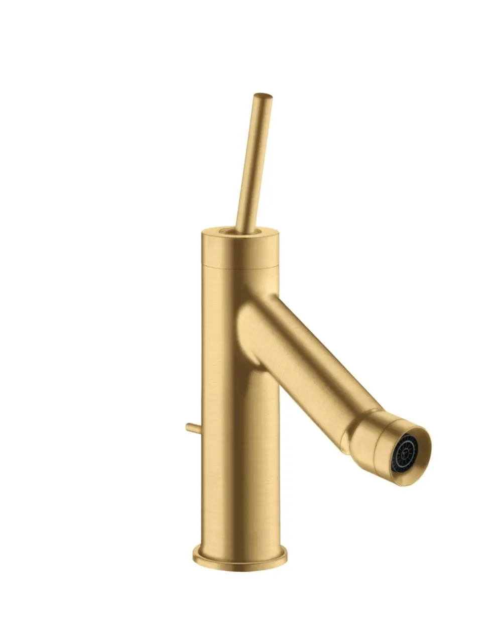 Bidetmischer in Brushed Gold Optic mit einem Hebel und einer Zugstangen-Ablaufgarnitur, designed von AXOR. Klarer, funktionaler Look ohne zusätzliche Verzierungen.